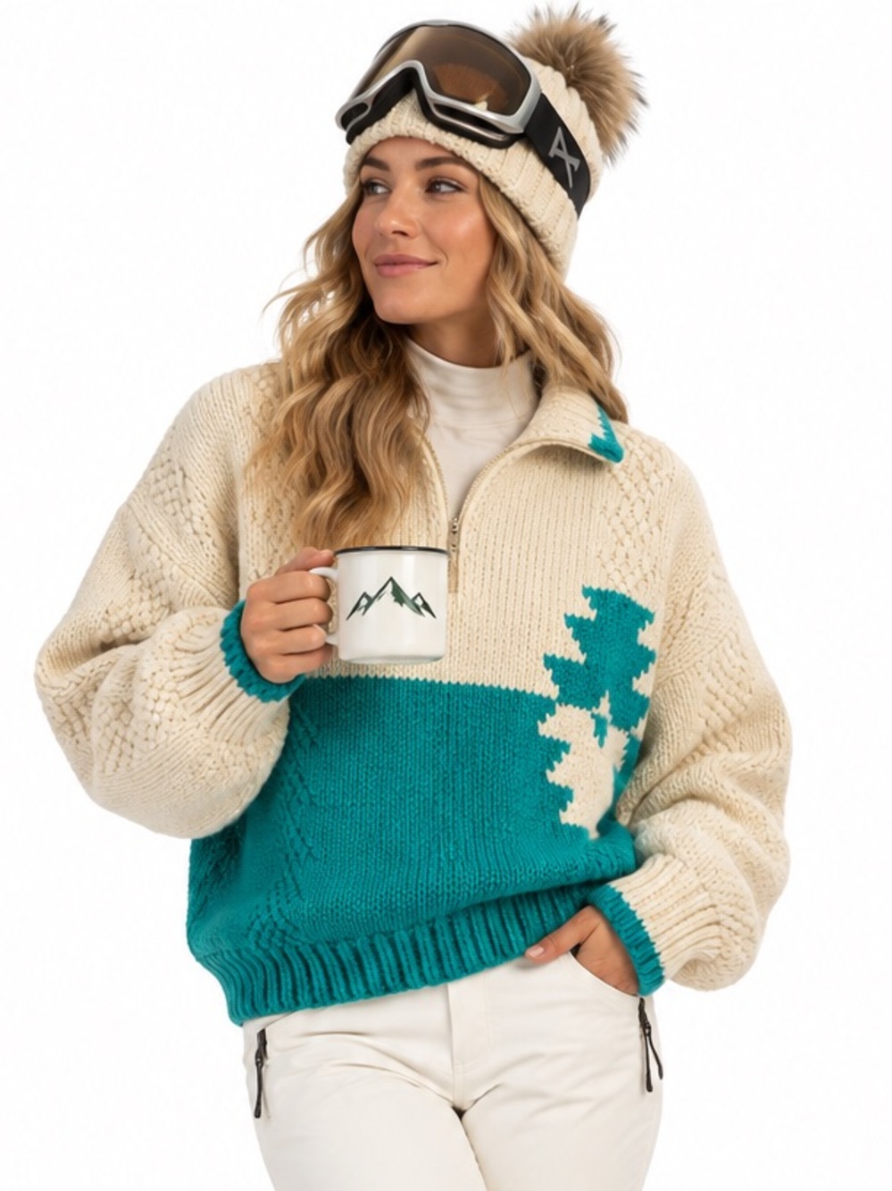 Handmade Quarter Zip Knit Sweater L Cream Turquoise Colorblock Ski Intarsia